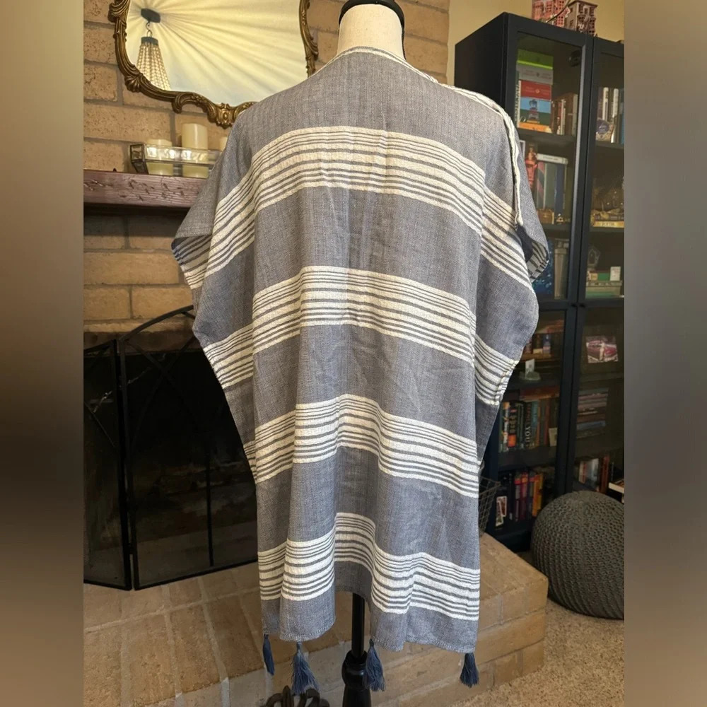 SURF GYPSY Dusty Blue & White Striped Tassel Trimmed Coverup - Size Medium - Picture 3 of 9